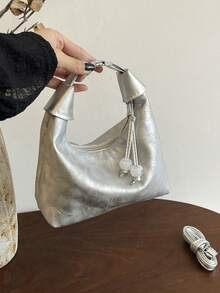 女士新款独特纹理手提包，夏季托特包，饺子造型单肩斜挎包 - 銀色 - 查看 1