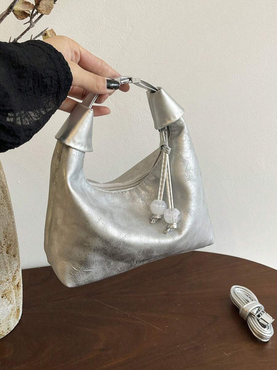 女士新款独特纹理手提包，夏季托特包，饺子造型单肩斜挎包 - 銀色 - 查看 1