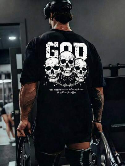 1pc Black Comfortable Soft Round Neck Men's T-Shirt, American Street Style Skull Print, Heavy-Weight Fabric, Non-Pilling And Non-Wrinkle, Machine Washable, Suitable For Gym, Outdoor, Commute And Casual Wear In Summer