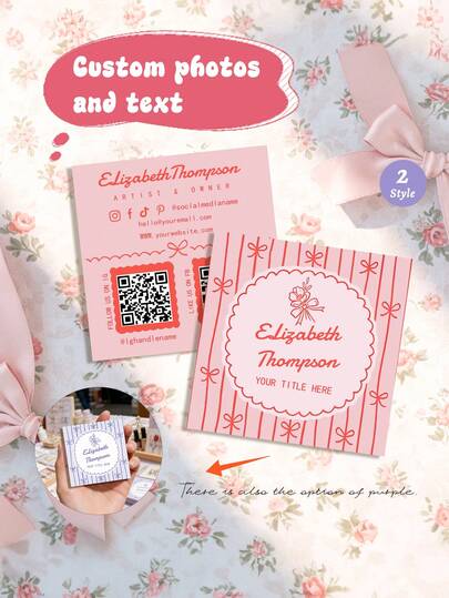 200/500/1000pcs Customized Photo Elegant Square Social Media Business Card Template, Personalized Text, Floral, Bow Design With QR Code, Suitable For Influential Figures, Artists, Creators, Entrepreneurs, Women's Brand, Social Party, Best Business Office Supplies, Personalized Gift, Customized Business Card
