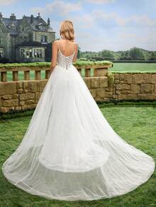 Plant Embroidery Mesh Fishtail Hem Backless Strap Wedding Dress - White - View 3