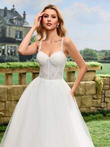 吊带蕾丝刺绣婚纱，轻盈薄纱裙，蓬松薄纱裙，蓬蓬裙摆，白色婚纱，教堂式婚纱，春季私密婚纱 - 白色 - 查看 7