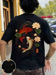 Fractyr 男士夏季时尚简约街头鲤鱼元素印花圆领短袖T恤 | 百搭街头休闲T恤，男友/老公礼物 - 黑色 - 查看 2