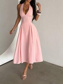 WOWDARK 夏季连衣裙，粉色时尚女士深V腰带A字吊带优雅连衣裙，适合狂欢节、约会、聚会、派对、旅行、度假、海滩等场合。 - 粉色 - 查看 2
