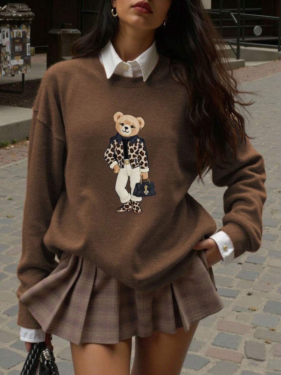 Camiseta casual y cálida de mujer con estampado de oso de lana sintética - Marrón - Ver 1