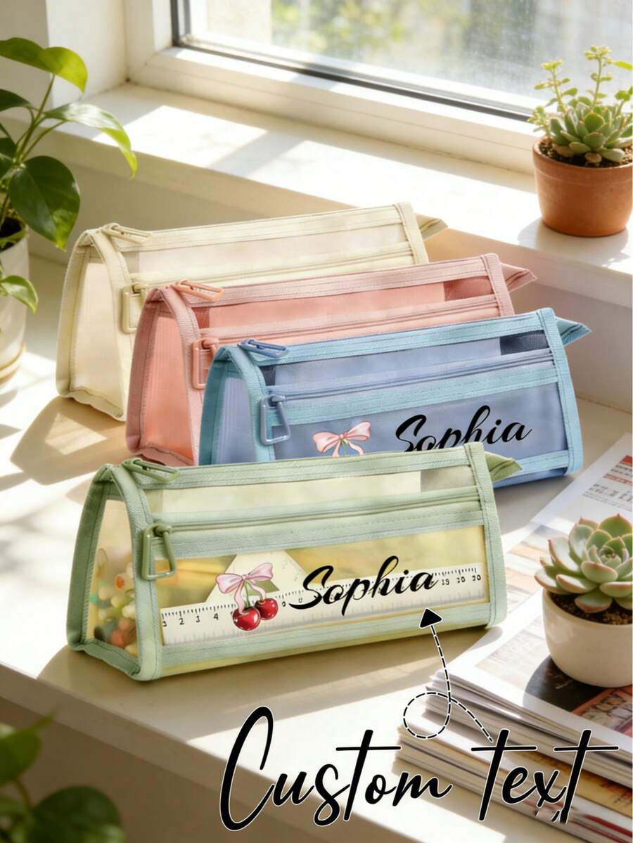 1PC Personalized Name Transparent Large Capacity Pencil Case, Cute Cherry Print Pencil Cases,Stylish And Simple Pencil Bag, Customized Name Pencil Case, Large Capacity Nylon Mesh Transparent Breathable, Exam/Student Stationery Bag, Mesh Pencil Bag, Simple Student Supplies Box, School Office, Back To School Supplies, School Supplies - Multicolor - View 1