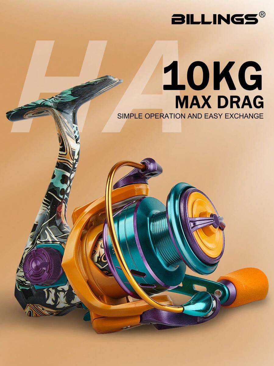 BILLINGS Carrete giratorio, carrete de pesca giratorio de agua dulce ultra suave, con arrastre máximo de 10 kg y bobina de aluminio, relación de engranajes de 5.2:1, carrete de pesca intercambiable izquierda/derecha de metal