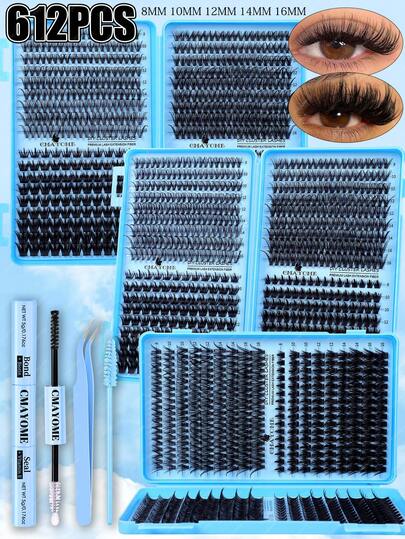 DIY False Eyelash Extension Kit (612/576/522 Pieces), Eyelash Cluster Set, D-Curl, 8-16mm, Includes Eyelash Glue, Tweezers, And Eyelash Brush. Suitable For Home Use. Includes Instructions For Using The Eyelash Clusters (4 Mixed Styles). A Must-Have For Holiday Travel.