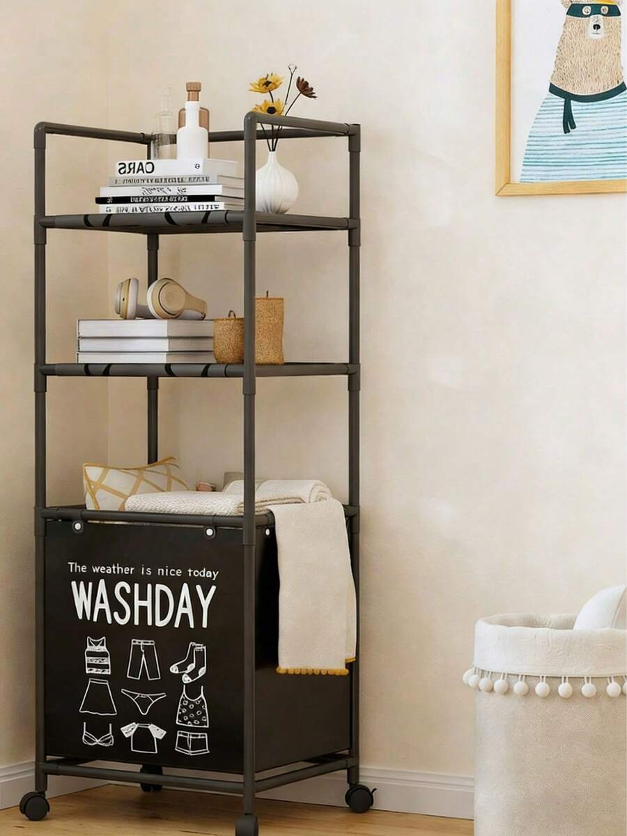 1pc Multi-Layer Bathroom Storage Rack With Swivel Wheels, Laundry Hamper, Lingerie & Clothing Organizer - Multicolor - View 1