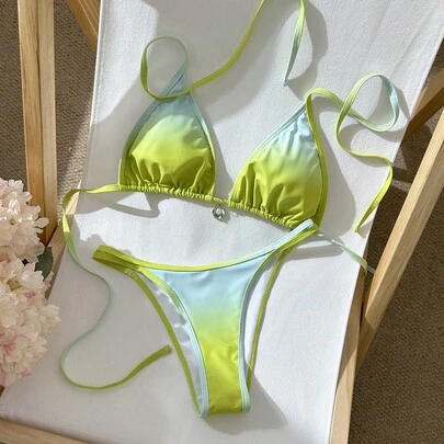 Women's New Fashionable Sexy Ombre Drawstring Halter Tie-Up Two Pieces Bikini Set, Summer