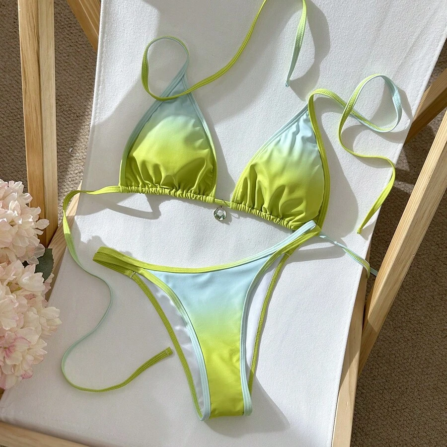 Women's New Fashionable Sexy Ombre Drawstring Halter Tie-Up Two Pieces Bikini Set, Summer - Multicolor - View 1