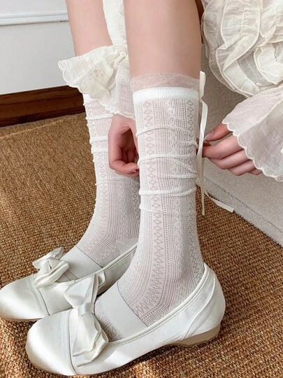 半双装女士纯色薄纱针织袜，带蝴蝶结装饰；时尚透气网眼长袜，蕾丝边饰，宽松芭蕾舞风格白色袜子，带缎带；可爱洛丽塔风格薄纱针织袜，适合日常休闲穿着；夏季薄款镂空针织袜，柔软舒适的女士长袜