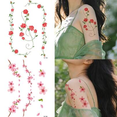 1 Sheet Leaf Vine Temporary Tattoo Stickers For Women, Waterproof Long-Lasting, Roses And Floral Designs, Spring&Summer Decoration Additions, Delicate And Exquisite, Suitable For Arms, Wrists, Insteps, Collarbones, Backs, Fake Tattoos