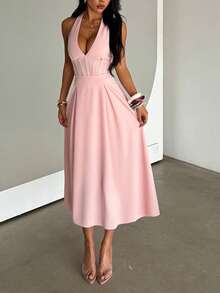WOWDARK 夏季连衣裙，粉色时尚女士深V腰带A字吊带优雅连衣裙，适合狂欢节、约会、聚会、派对、旅行、度假、海滩等场合。 - 粉色 - 查看 5