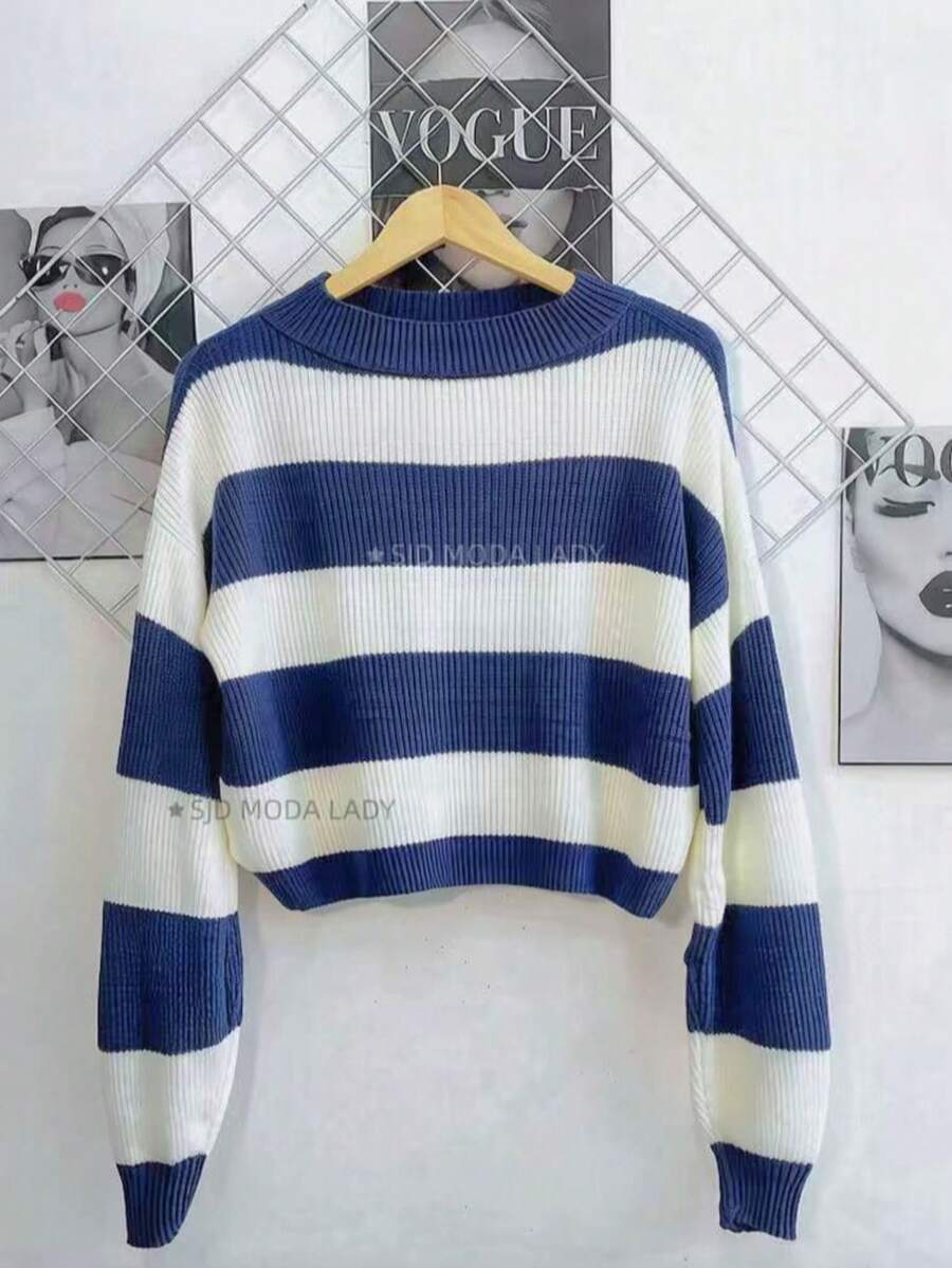 SJD MODA LADY Striped Sweater Knit Modal Off Shoulder Super Autumn Winter Korean Style Best Fabric - Navy Blue and White Stripe - View 1