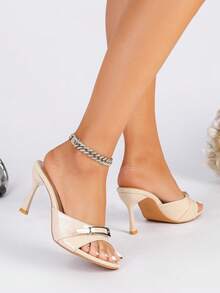 Women's Round Toe Buckle One-Strap Thin High Heel Slides - Apricot - View 6