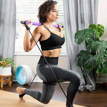 Conjunto multifuncional de barra para ioga, fitness e pilates, incluindo faixas de resistência, corda de tensão, faixa de alongamento e barra de aço inoxidável. Ideal para homens e mulheres, perfeito para exercícios em casa, agachamentos profundos, ioga e pilates, e para tonificar o corpo todo.