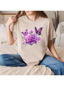 1 pieza/2 piezas/3 piezas Pegatinas de vinilo termotransferible con rosas púrpuras y mariposas, fáciles de planchar, lavables, duraderas, adecuadas para camisetas DIY, vaqueros, mochilas y almohadas - L - Ver 6