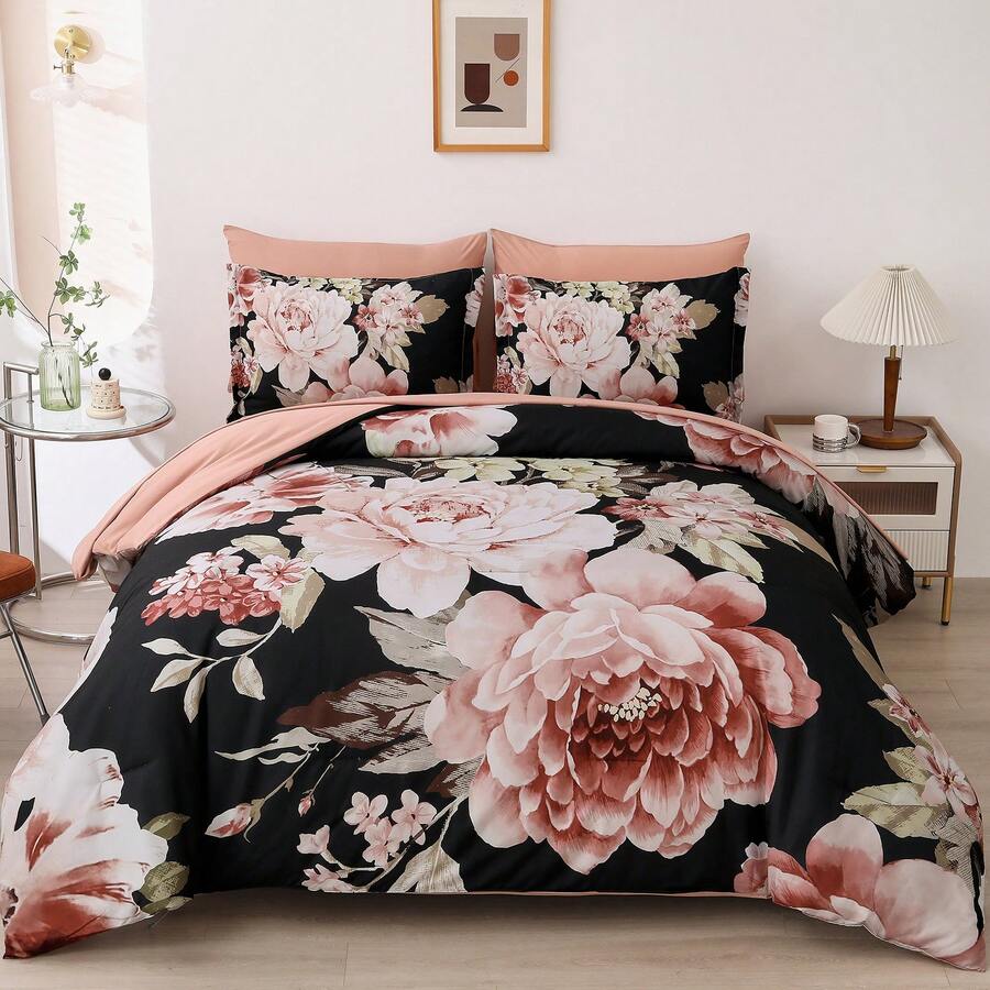 3Pcs  Yellow Floral Lightweight Comforter Set,Bed In A Bag Botanical Floral Comforter Soft Microfiber Brown Bedding Set With 2 Pillowcases,Suitable For Wedding Items,Valentines Day Home Bed Room Decor,Mothers Day Gift,All Season - Màu vàng - Xem 1