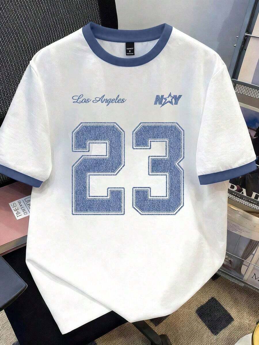 Camiseta casual de manga corta con cuello redondo, estampado de lema y pentagrama para hombres en color negro - Blanco 1 - Ver 1