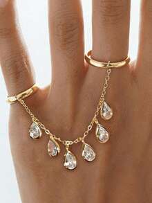 1枚时尚铜锆石镶嵌全指戒指，配流苏链，女士婚礼派对首饰，婚礼季礼物 - 金色 - 查看 1