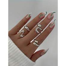 4pcs/Set Fashionable Bohemian Geometric Hollow Asymmetric Abstract Design Adjustable Gold Rings Set, Women Jewelry Accessories,Gold Jewelry,Summer,Valentine's Day - 銀色 - 查看 6