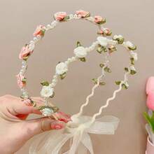 1pc Princess Flower Crown Headband, Girls Fairy Pearl Rose Flower Headwrap With Chiffon Scarf Ribbon, Flower Girl Hair Accessory - Pink - View 5