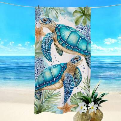 1pc Ocean Creature Sea Turtle & Coral Print Beach Towel, Super Absorbent Quick Dry Towel For Swimming, Soft & Lightweight Beach Blanket, Ideal Beach Essential For Beach, Swimming, Outdoor, Travel