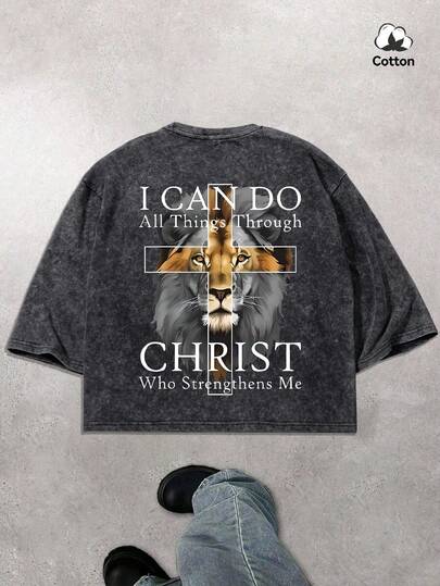 男士夏季街头时尚印花方格短袖T恤，微弹水洗黑色休闲日常穿着方格T恤