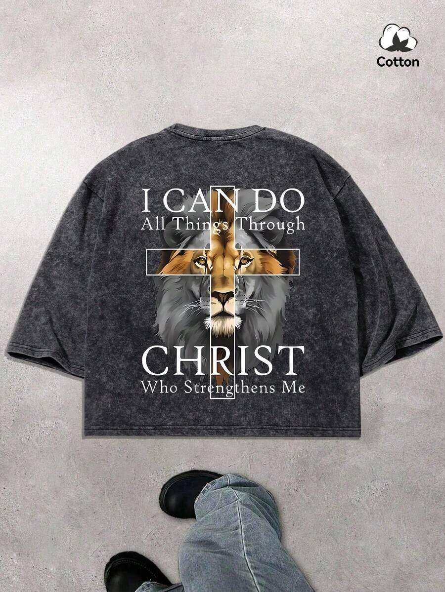 男士夏季街头时尚印花方格短袖T恤，微弹水洗黑色休闲日常穿着方格T恤 - 黑色 - 查看 1