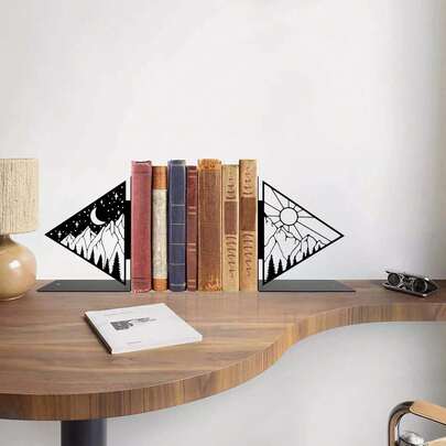 一对/两件装 - 日月金属书挡 - 时尚装饰书架 - 办公室或家用书籍支架 - 耐用家居办公收纳用品 - 书房艺术装饰 - 送给爱书人的独特礼物