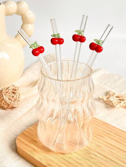 1/4件套红色可重复使用餐具套装，含樱桃装饰玻璃吸管，可爱弯曲透明玻璃吸管，配有清洁刷，厨房配件，冷饮，奶茶，咖啡，果汁，冰沙，居家，餐厅，鸡尾酒会，单身派对用品，婚礼，返校季，送给男女朋友的趣味礼物，节日用品，夏季，复活节礼物
