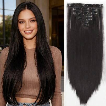 7pcs/Set 18-32 Inch Clip-In Synthetic Hair Extensions, Thick & Natural Looking Black Hair Pieces