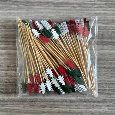 4.72" Christmas Tree Bamboo Picks, 200/100/80/50/1 Piece Set, For Fruit, Kitchen, Restaurant, Party Supplies, Decorative Cocktail Toothpicks, Appetizers, Cocktail Sticks, Drink Trees, Holiday Skewer Party Decor