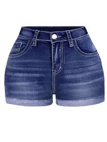 Plus-Size Women's High-Waist Shorts With Delicate Embroidered Patterns On The Back Pockets, Vintage Dark Blue Plus-Size Women's High-Waist Denim Shorts - 藏青色 - 查看 6