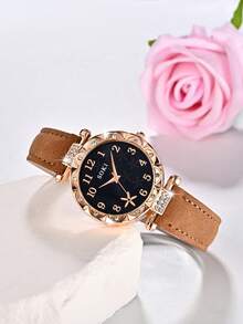 SOKI SOKI Women's Watch Set Fashionable Casual Round Case Quartz Watch Paired With Leopard Print Necklace, Earrings, And Ring Jewelry Set Suitable For Everyday Wear Ideal Gift (Gift Box Not Included) - Brown - View 4