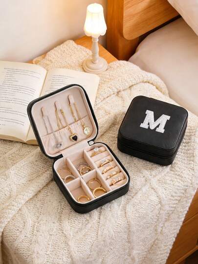 1pc Letter Design Jewelry Box, Portable Earring Necklace Ring Storage Box, Leather Jewelry Organizer Box With Compartments - Elegant Multifunctional Travel Jewelry Box