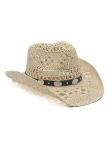 1pc Western Cowboy Hat, Hollow Floral Woven Straw Hat, Spring/Summer Travel Sun Protection Beach Hat, Casual Sun Hat (After Receiving The Product, If The Brim Is Deformed, It Needs To Be Manually Adjusted Back),Holiday,Festival - MZ3056+ML02 - View 2