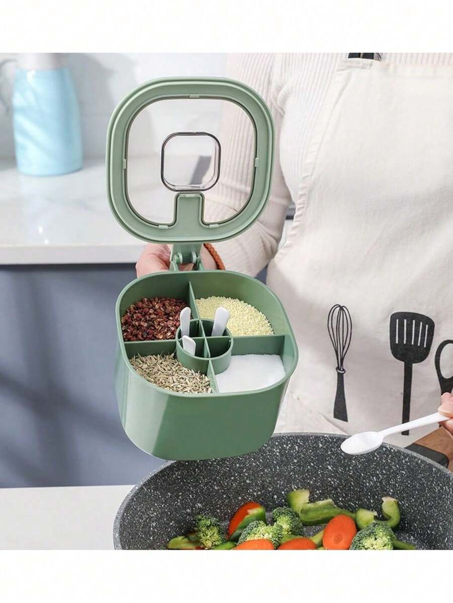 Four-Compartment Spice Storage Box With Spoon - Integrated ABS Spice Container Set, Ideal For Home And Restaurant Use, Rechargeable Kitchen Spice Storage Box, Magnesium Rod/Flint-Free - Multicolor - View 1