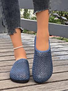 Women's Breathable Mesh Woven Mule Slippers, Casual Flat Slip-On Shoes For Summer - Royal Blue - View 4