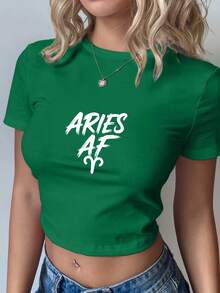 Aries OF Typography Women's Fashion Short Sleeve T-Shirt,Y2K Top Crop,Camisetas De Fiesta,Back To School,Vintage,Street Wear, Rock, Holiday, Vacation, Festival, Summer Tops - 綠色 - 查看 4