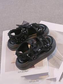 1 Pair Girls' Glitter Platform Sandals, Summer New Princess Style Bow Non-Slip Beach Shoes - Black - View 4