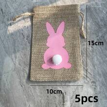 5pcs Easter Bunny Linen Drawstring Bags, Suitable For Easter Party, Gift Packaging, Candy, Chocolate, Cookies - Sack - View 17