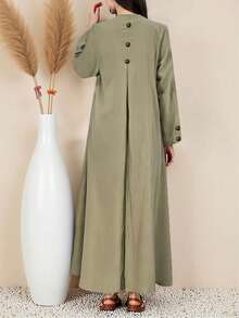 1PC Women's Button Front Abaya – Olive Green Long Sleeve Maxi Dress With V-Neck And Three Dark Buttons, Loose Fit Modest Gown In Lightweight Woven Fabric, Elegant Islamic Clothing For Daily Wear & Ramadan Iftar - Army Green - View 2