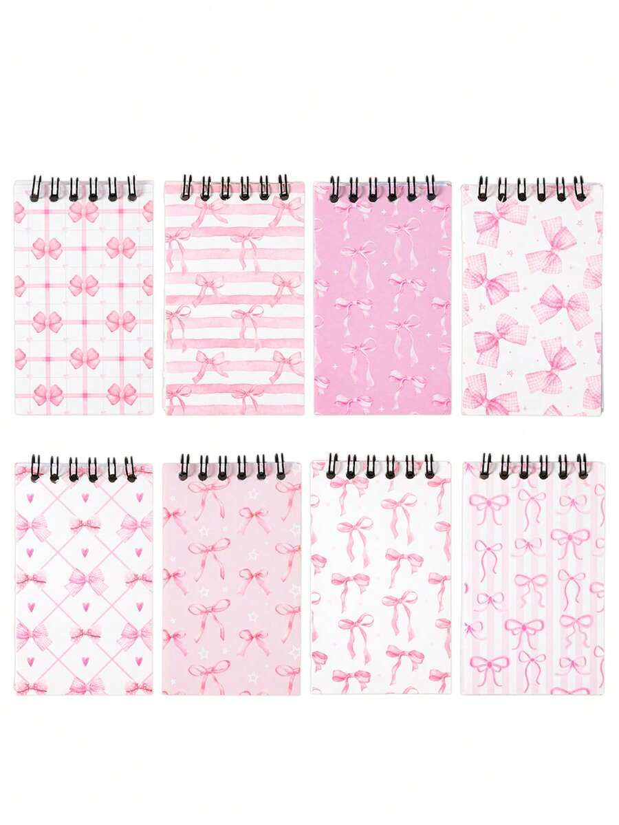 8pcs Mini Pink Bow Spiral Notebooks, Cartoon Pink Bow Spiral Notebooks, Tear-Off Notebooks, Portable Pocket Mini Notebooks, Pink Bow Birthday Party Filler, Pink Bow Theme Party Favor Supplies, Suitable For Daily Use, Student Gifts, Back To School Prizes, Party Favors, Party Giveaways, Pink Bow Party Supplies