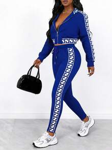 1pc Women's Casual Elegant Blue Mandarin Collar 2-Piece Set With Drawstring, Fashionable & Comfortable - Blue - View 3