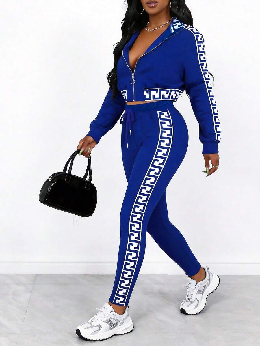 1pc Women's Casual Elegant Blue Mandarin Collar 2-Piece Set With Drawstring, Fashionable & Comfortable