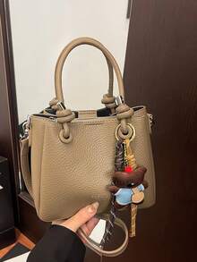 New Women's Bucket Bag With Unique Design, Featuring A Bear Charm, Solid Color, Perfect For Everyday Wear And Shopping, Versatile Shoulder Bag. - Khaki - View 11