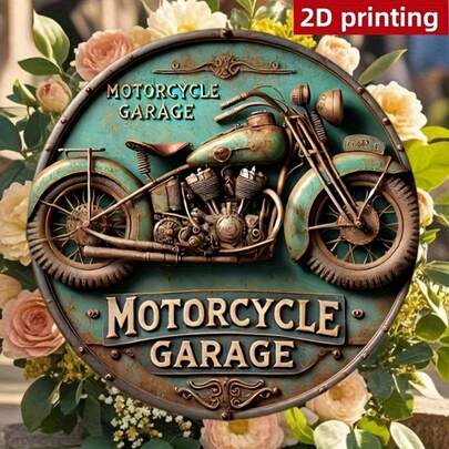 1pc 2D Flat Vintage Motorcycle Garage Round Wooden Sign | 8" X 8" Rustic Wall Art, Retro Bronze Frame, Suitable For Home, Cafe, Restaurant Decor, Easy To Hang, Metal Wall Art Decor, Pre-Drilled Holes As Shown In Size
