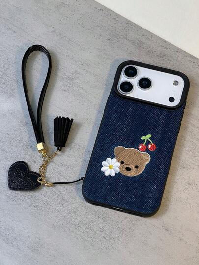 1pc New Blue Denim Texture Bear Print Waterproof Anti-Fall Anti-Slip High-Quality Soft Phone Case + Fashionable Heart-Shaped Lanyard, Suitable For Apple, Phones